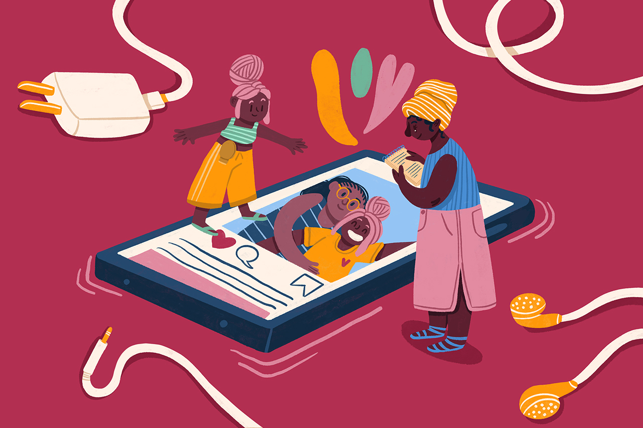 Ilustra&ccedil;&atilde;o abstrata de crian&ccedil;a e professora sobre um celular gigante onde &eacute; poss&iacute;vel ver fotografias de familiares.