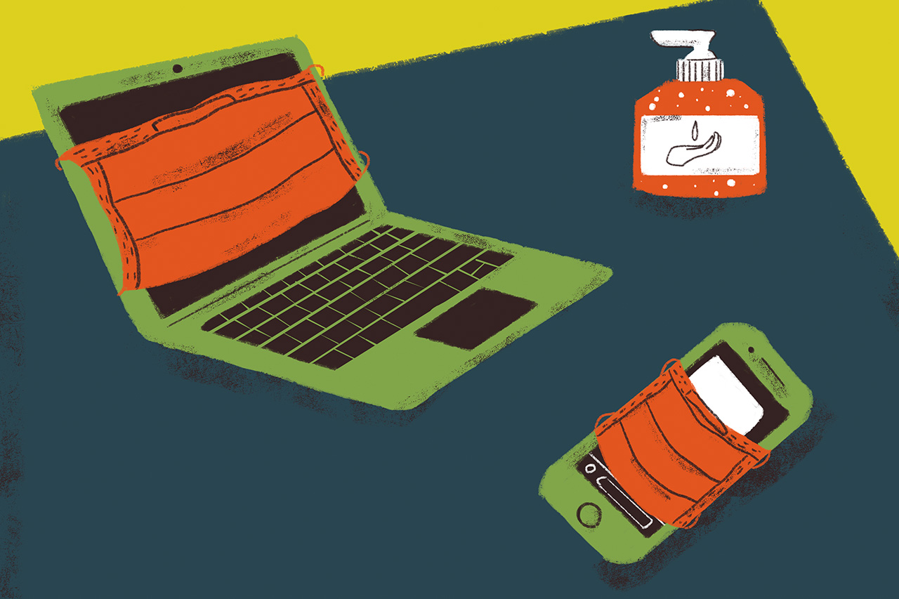 Ilustra&ccedil;&atilde;o abstrata de notebooks e celulares com m&aacute;scara sobre mesa. &Aacute;lcool em gel ao fundo.