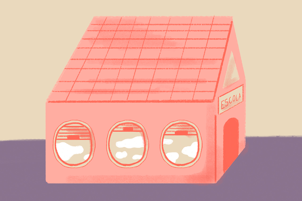 Ilustra&ccedil;&atilde;o de escola sobre fundo s&oacute;lido.