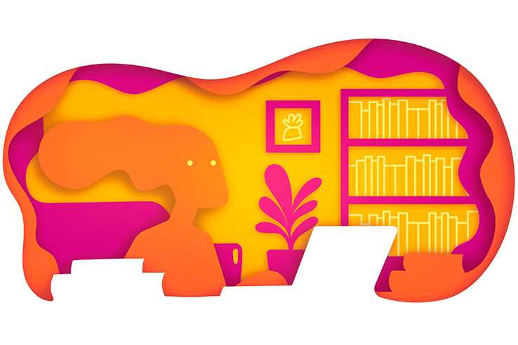 Ilustra&ccedil;&atilde;o de professora avaliando os documentos pedag&oacute;gicos em frente ao computador.