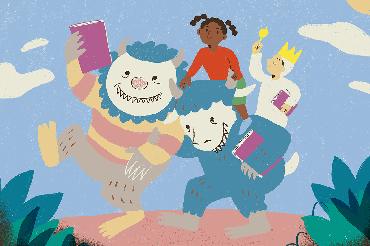 Ilustra&ccedil;&atilde;o de menina brincando com personagens inspirados no filme Onde Vivem os Monstros.