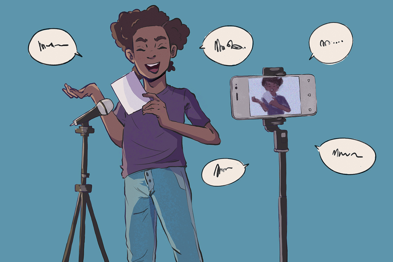 Ilustra&ccedil;&atilde;o de aluno gravando atividade em v&iacute;deo com celular.