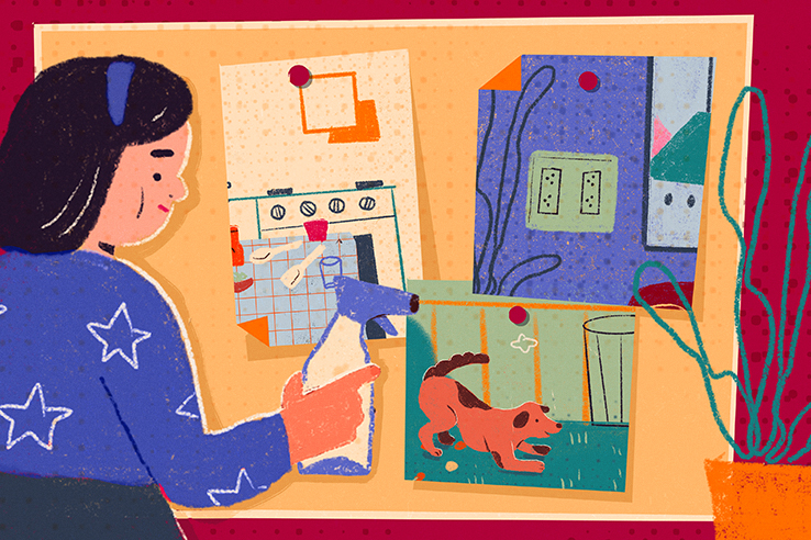 Ilustra&ccedil;&atilde;o de menina olhando para fotografias dos ambientes da casa.