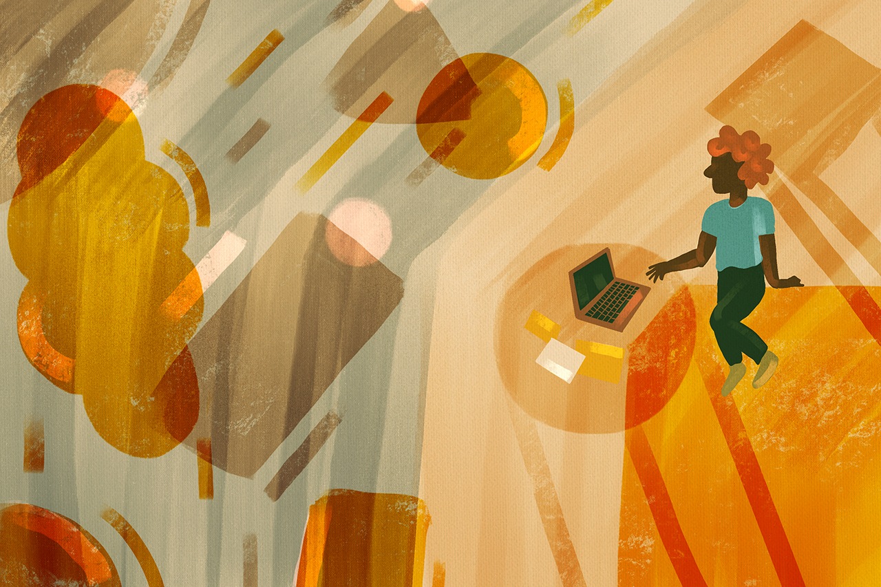 Ilustra&ccedil;&atilde;o digital simulando pintura manual de aluno sentado em frente ao computador sobre fundo abstrato.