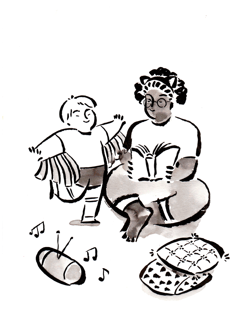 Anima&ccedil;&atilde;o de professora e crian&ccedil;a lendo hist&oacute;ria enquanto se transformam em personagens imagin&aacute;rios.