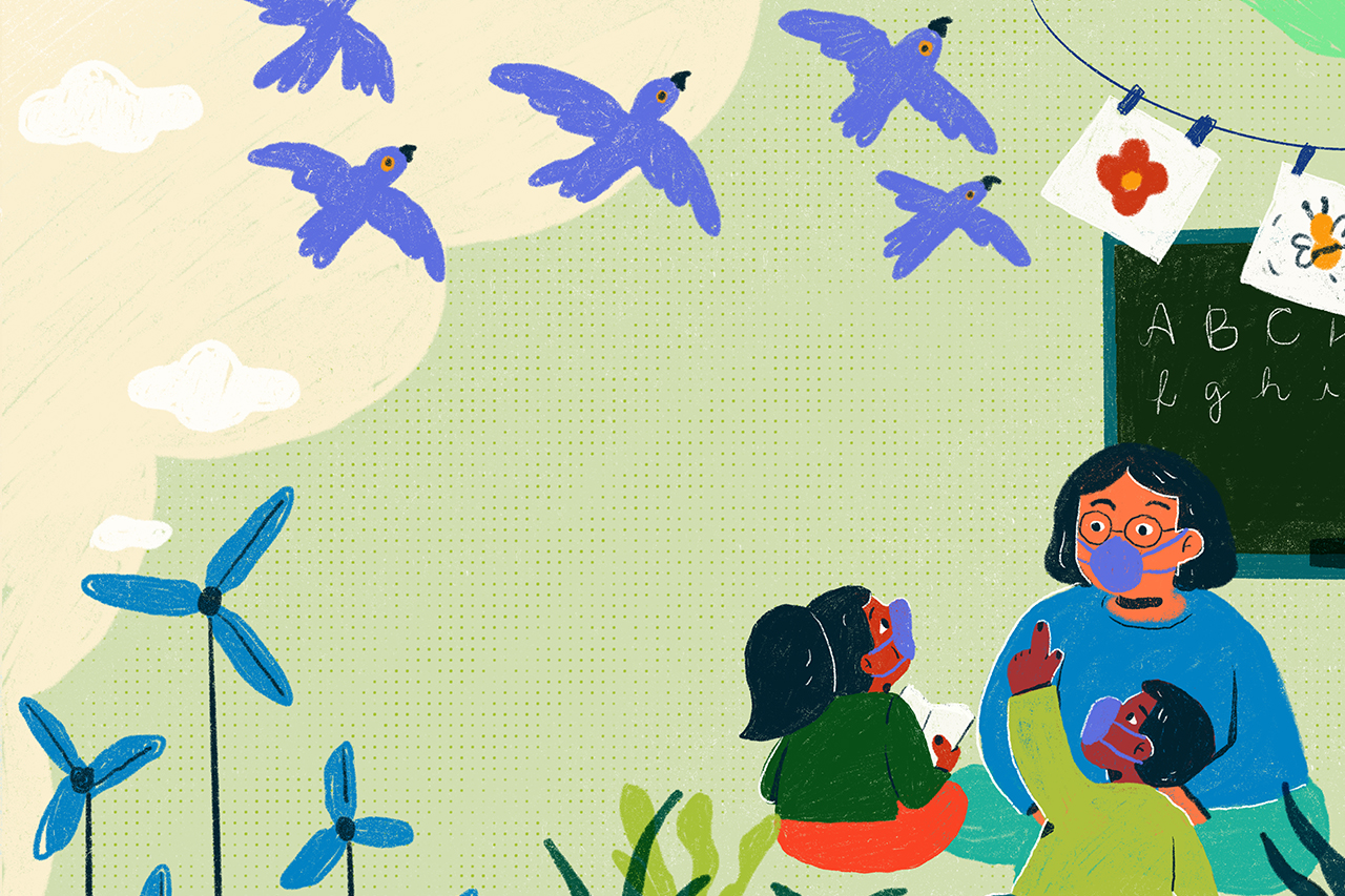 Crian&ccedil;as de educa&ccedil;&atilde;o infantil e professora, sentados na sala conversando sobre meio ambiente enquanto uma das crian&ccedil;as aponta para araras que est&atilde;o voando no ambiente.