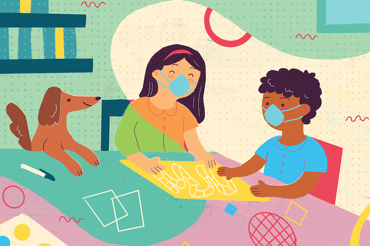 Ilustra&ccedil;&atilde;o de adulto e crian&ccedil;a construindo um tabuleiro para jogar com a fam&iacute;lia.