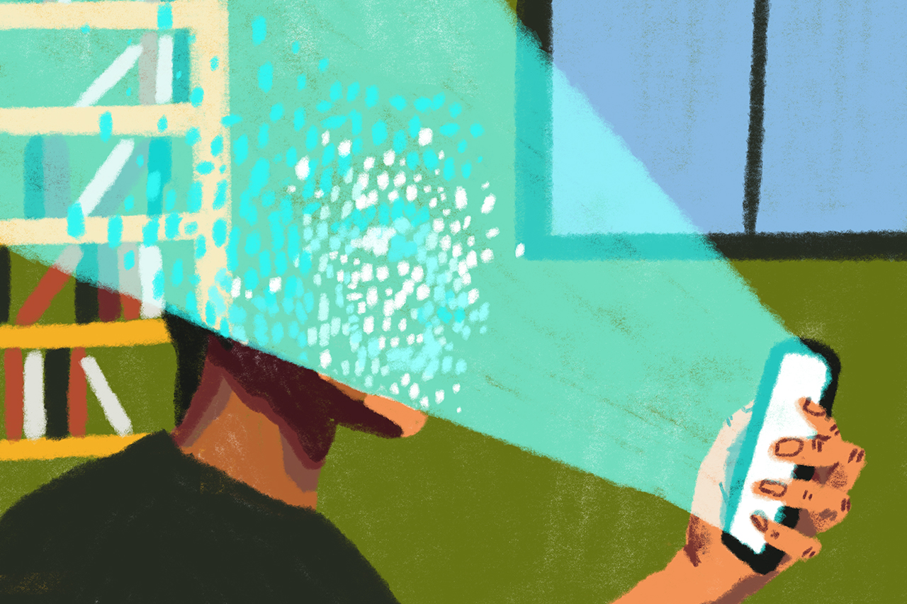 Ilustra&ccedil;&atilde;o abstrata de aluno com rosto iluminado por tela de celular.