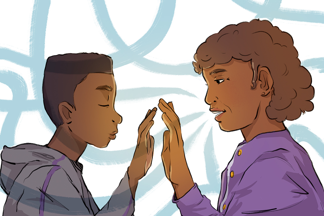 Ilustra&ccedil;&atilde;o de aluno e av&oacute; sobre fundo colorido.