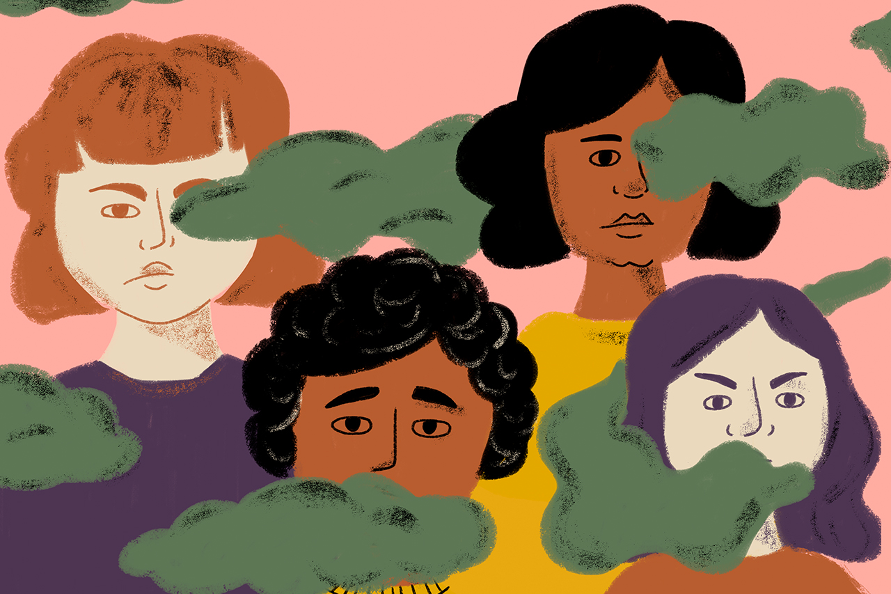 Ilustra&ccedil;&atilde;o de mulheres escondidas atr&aacute;s de nuvens.