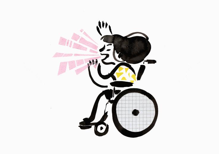 Anima&ccedil;&atilde;o de menina cadeirante imitando o latido de um cachorro.