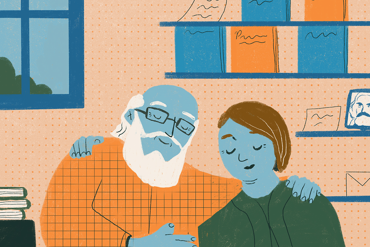 Ilustra&ccedil;&atilde;o de Paulo Freire abra&ccedil;ado com um familiar.