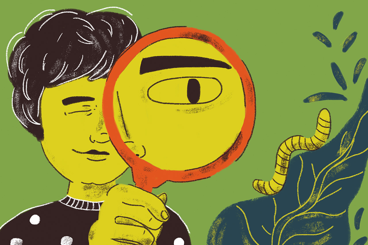 Ilustra&ccedil;&atilde;o de crian&ccedil;a olhando com lupa uma minhoca que est&aacute; sobre uma folha
