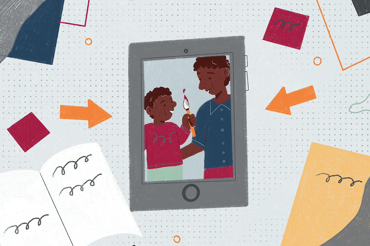 Ilustra&ccedil;&atilde;o de celular com imagem de crian&ccedil;a e um familiar sobre uma mesa com folhas de papel.