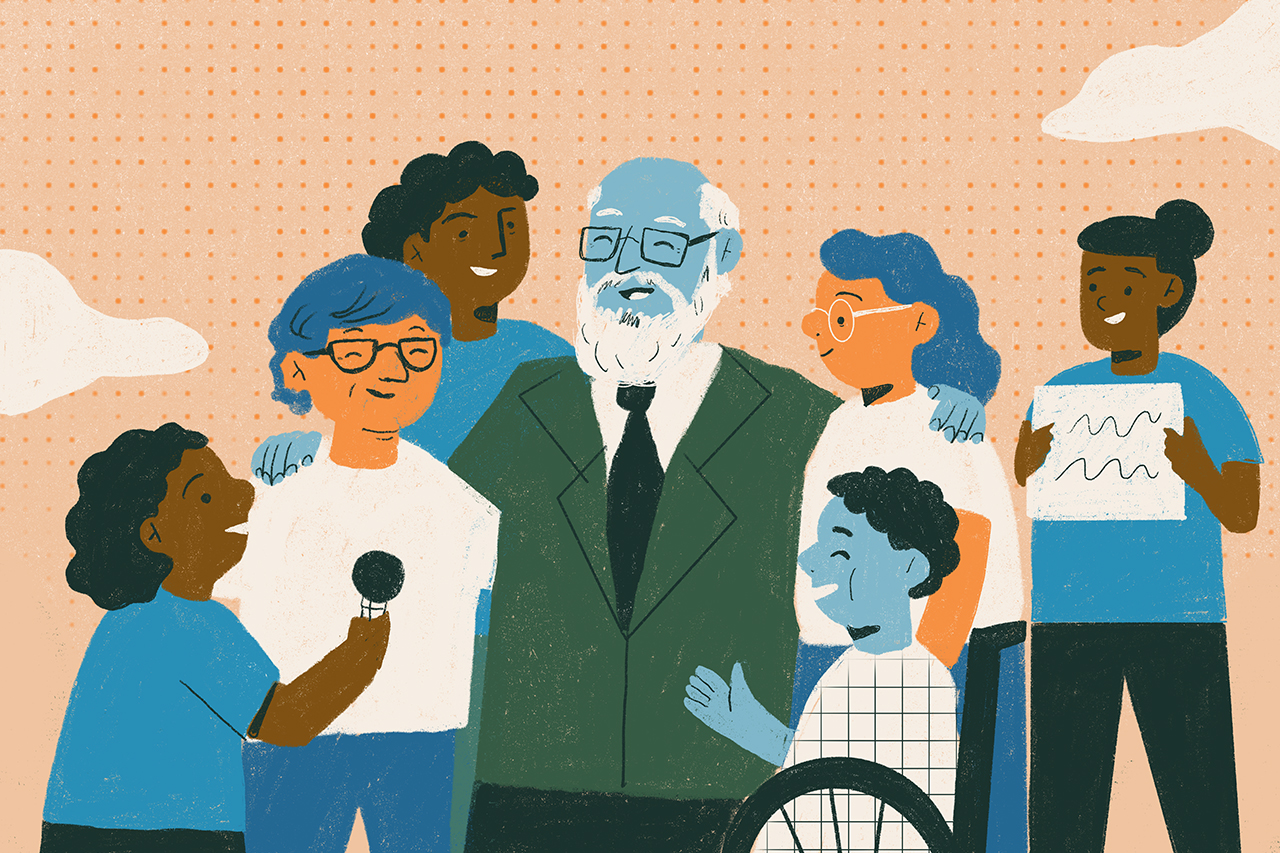 Ilustração de Paulo Freire sendo reconhecido pelas pessoas.
