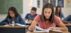 Aluna faz leitura de livro didático em sala de aula