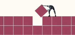 Na ilustração, uma mulher segura um bloco rosa e está prestes a encaixá-lo aos demais. 