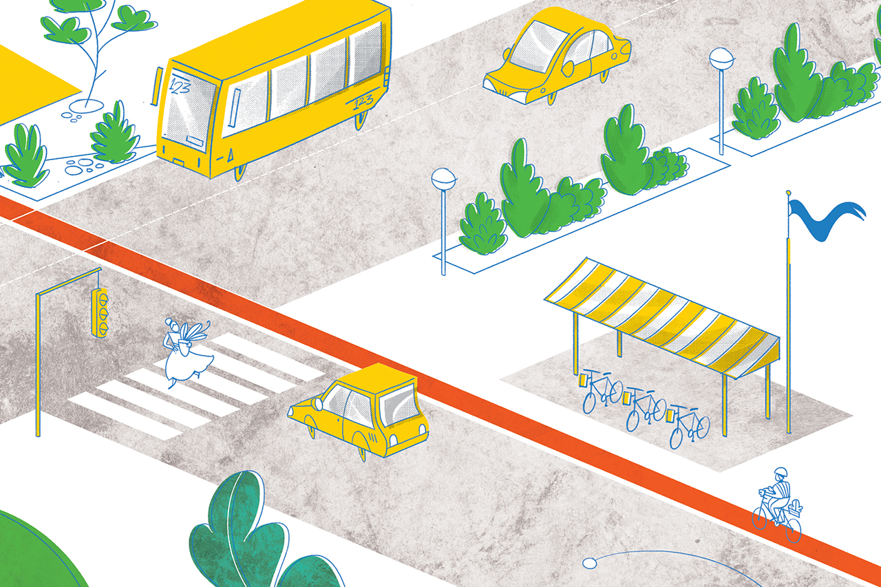 Ilustra&ccedil;&atilde;o de cruzamento com inova&ccedil;&otilde;es tecnol&oacute;gicas para melhorar a mobilidade urbana. Na cena temos ciclofaixa, sem&aacute;foro inteligente e ponto de estacionamento de bicicletas.