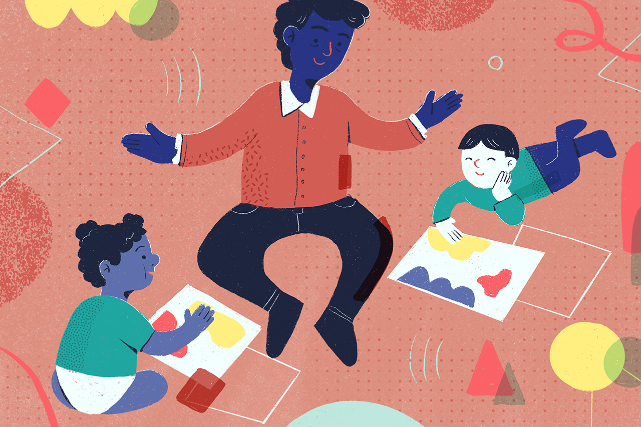 Ilustra&ccedil;&atilde;o de professor acompanhando os alunos desenharem em folhas de papel.