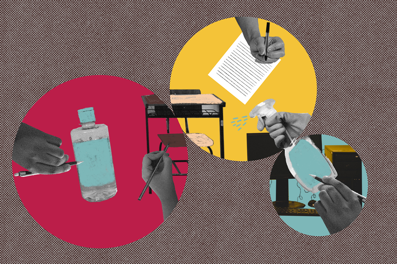 Ilustra&ccedil;&atilde;o a partir de colagens sobre higieniza&ccedil;&atilde;o da sala de aula e estudo durante a pandemia.