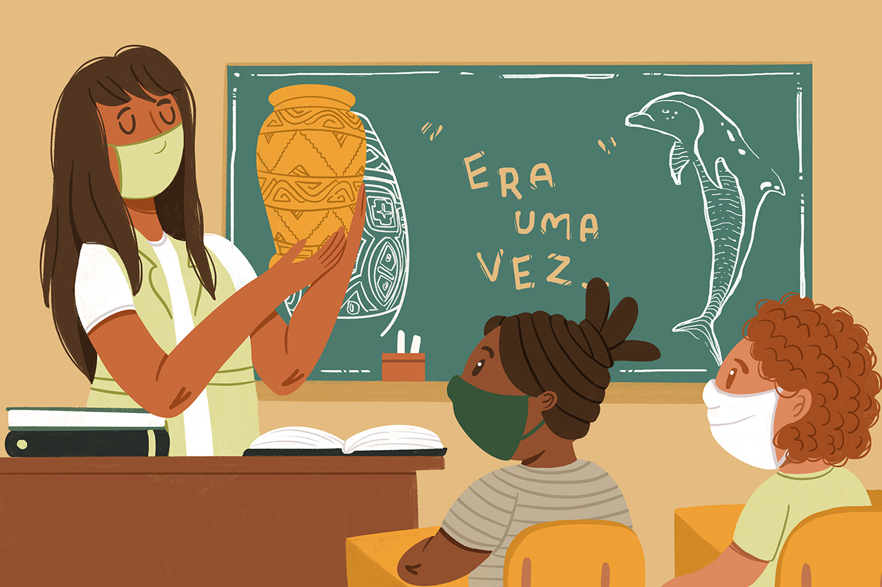 Ilustra&ccedil;&atilde;o de professora contando hist&oacute;rias sobre mitos e lendas do norte durante uma aula com alunos participando.