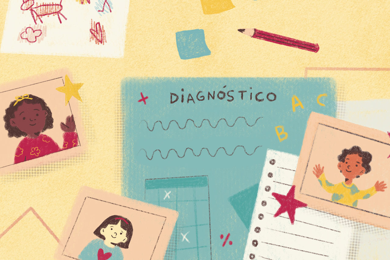 Ilustra&ccedil;&atilde;o de mesa com folhas, l&aacute;pis, fotos e diagn&oacute;sticos sobre o trabalho das crian&ccedil;as.