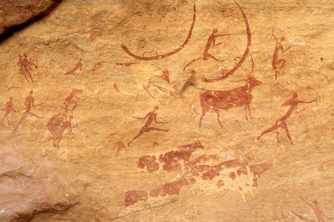 Pintura rupestre no parque nacional Tassili n'Ajjer, no deserto do Sahara, na Arg&eacute;lia