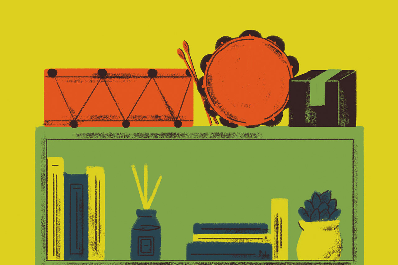 Ilustra&ccedil;&atilde;o de estante com instrumentos e objetos relacionados ao carnaval