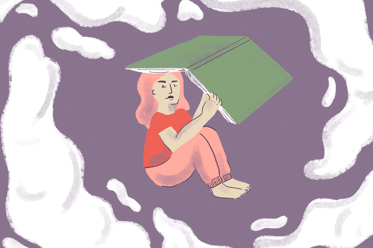 Ilustra&ccedil;&atilde;o de menina sentada e refletindo sobre si com livro em m&atilde;os.