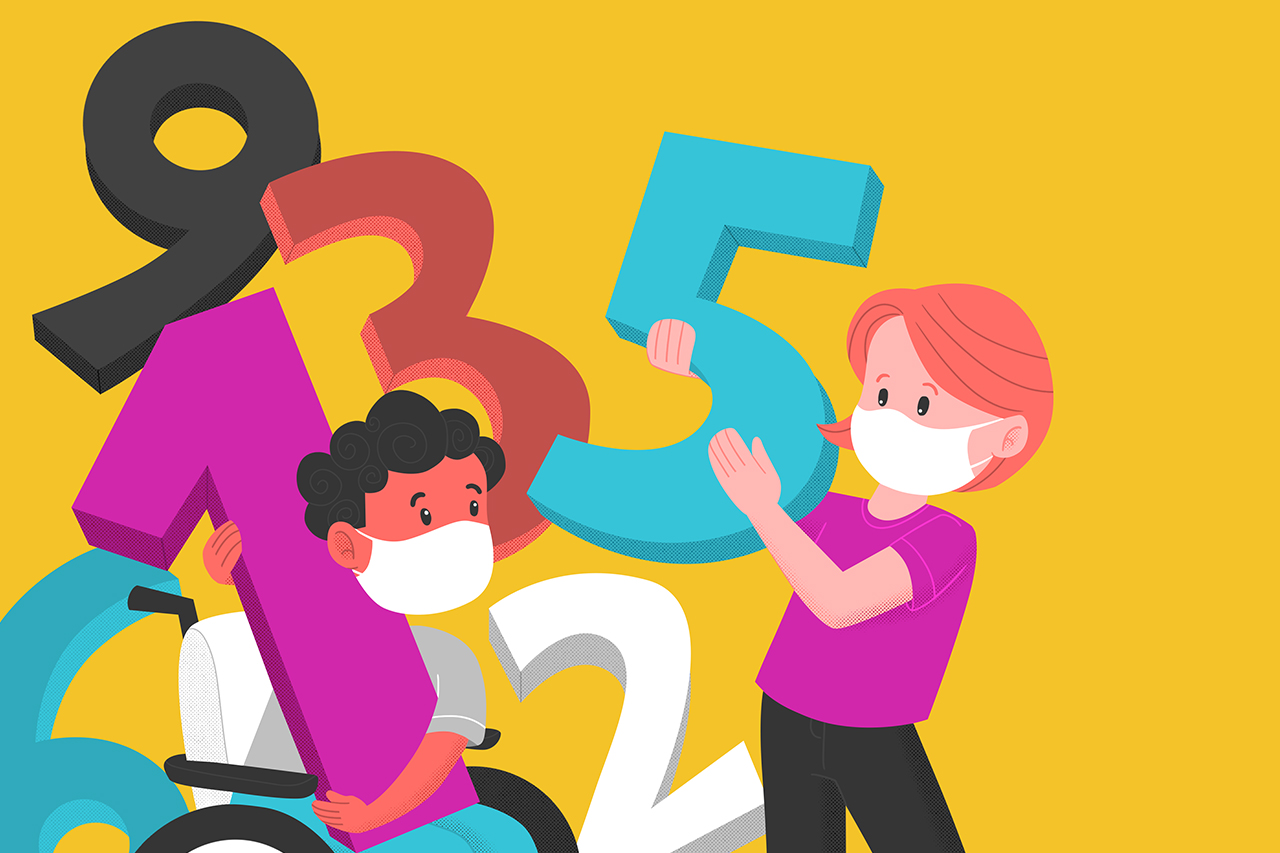 Ilustra&ccedil;&atilde;o abstrata de professora e aluno segurando n&uacute;meros gigantes.