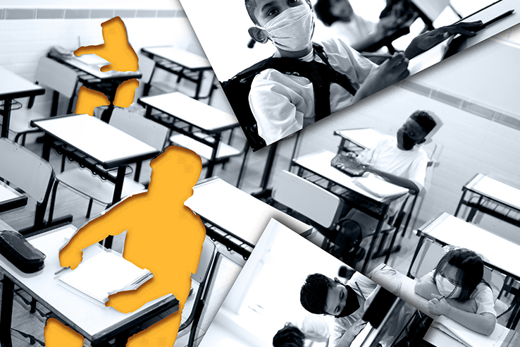 Fotomontagem de alunos em sala de aula com uma carteira vazia, demonstrando uma silhueta amarela no local.