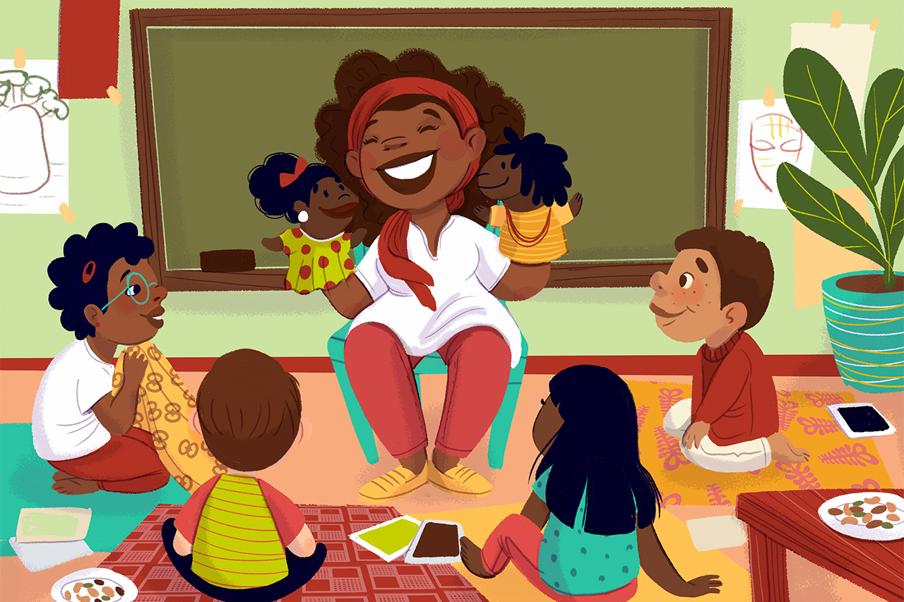 Ilustra&ccedil;&atilde;o de professora com fantoches em m&atilde;os, contando uma hist&oacute;ria de origem africana para crian&ccedil;as da educa&ccedil;&atilde;o infantil.