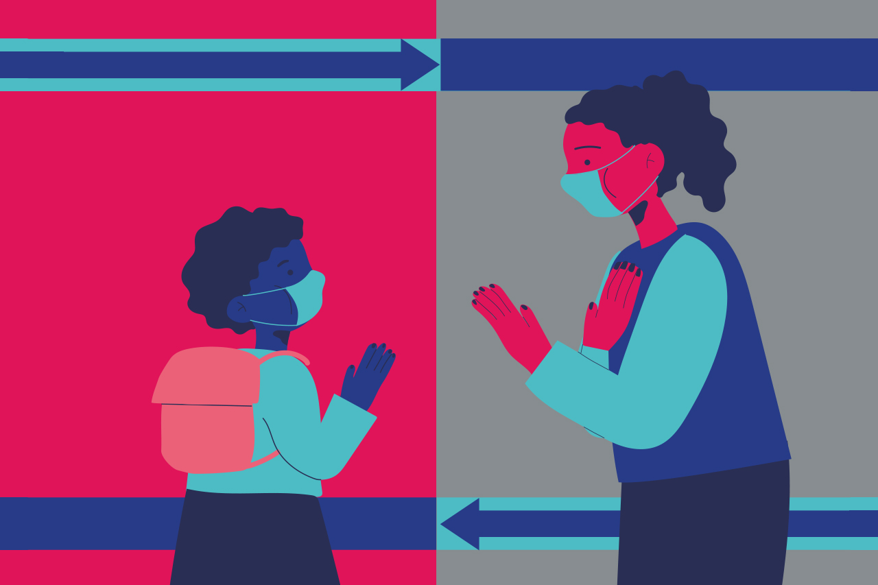 Ilustra&ccedil;&atilde;o de professora e aluno se encontrando ap&oacute;s a pandemia mas com os cuidados sanit&aacute;rios sendo tomados.