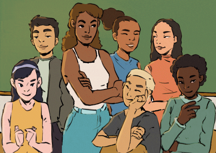 Anima&ccedil;&atilde;o alternando entre retrato fotogr&aacute;fico e ilustrativo de alunos e professores do 9&ordm; ano do ensino fundamental.