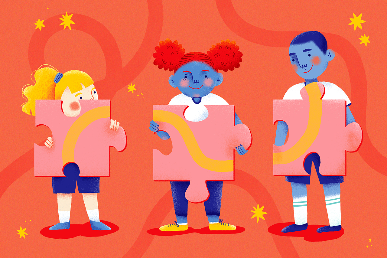 Ilustra&ccedil;&atilde;o abstrata de crian&ccedil;as com pe&ccedil;as de quebra cabe&ccedil;a gigantes.