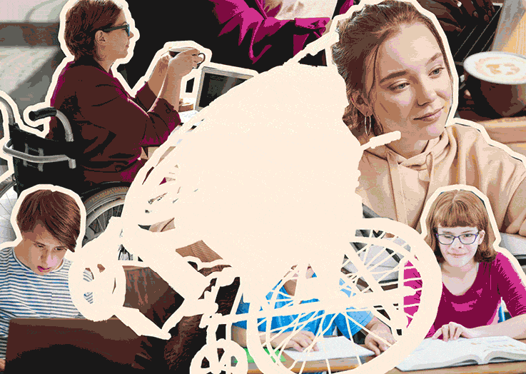 Anima&ccedil;&atilde;o criada a partir de fotomontagem de cadeira de rodas sobre fundo fotogr&aacute;fico com imagens de momentos de ensino remoto.