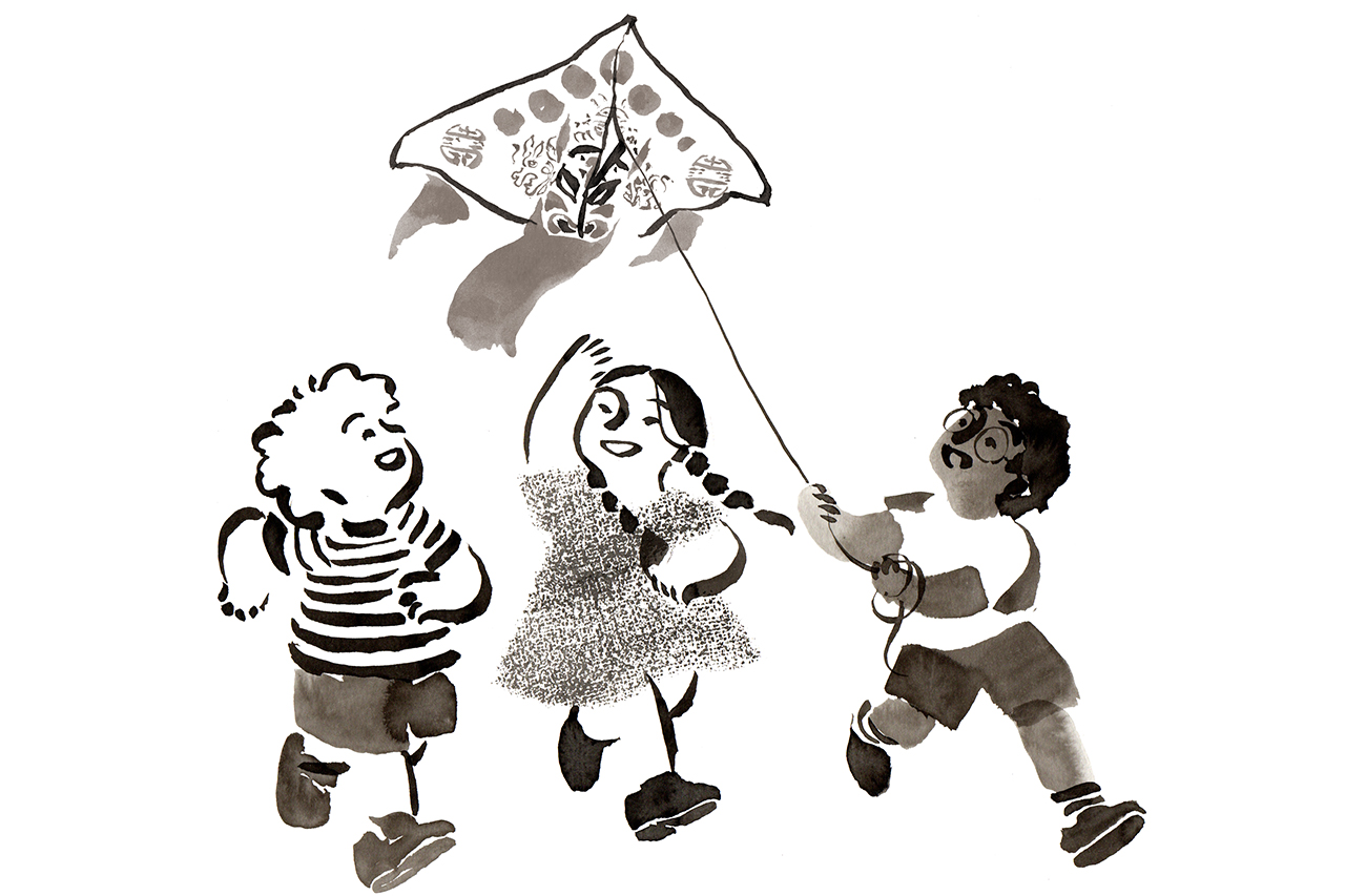 Ilustra&ccedil;&atilde;o criada com t&eacute;cnica da caligrafia tradicional japonesa/chinesa apresentando crian&ccedil;as brincando com uma pipa.