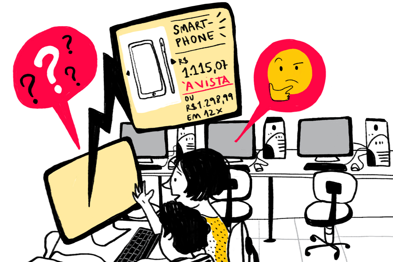 Ilustra&ccedil;&atilde;o de sala de inform&aacute;tica onde os alunos fazem uma atividade relacionada a compra de produtos com juros.