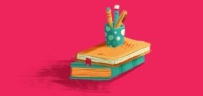 Fundo rosa com ilustração de caderno e porta-canetas