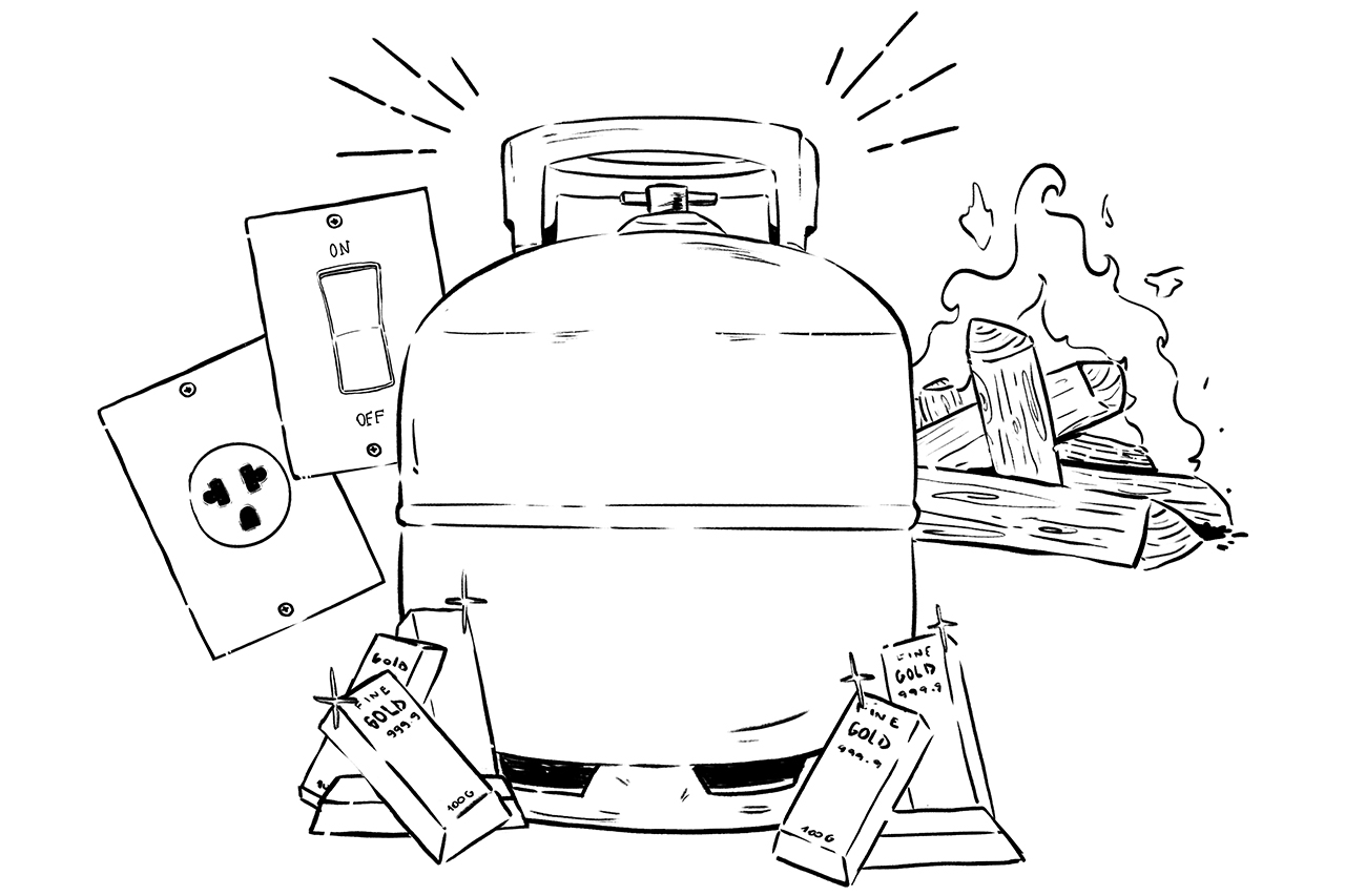 Ilustra&ccedil;&atilde;o de botij&atilde;o de g&aacute;s, tomadas e fogueira. Elementos que representam o aumento dos pre&ccedil;os de energia no pa&iacute;s.