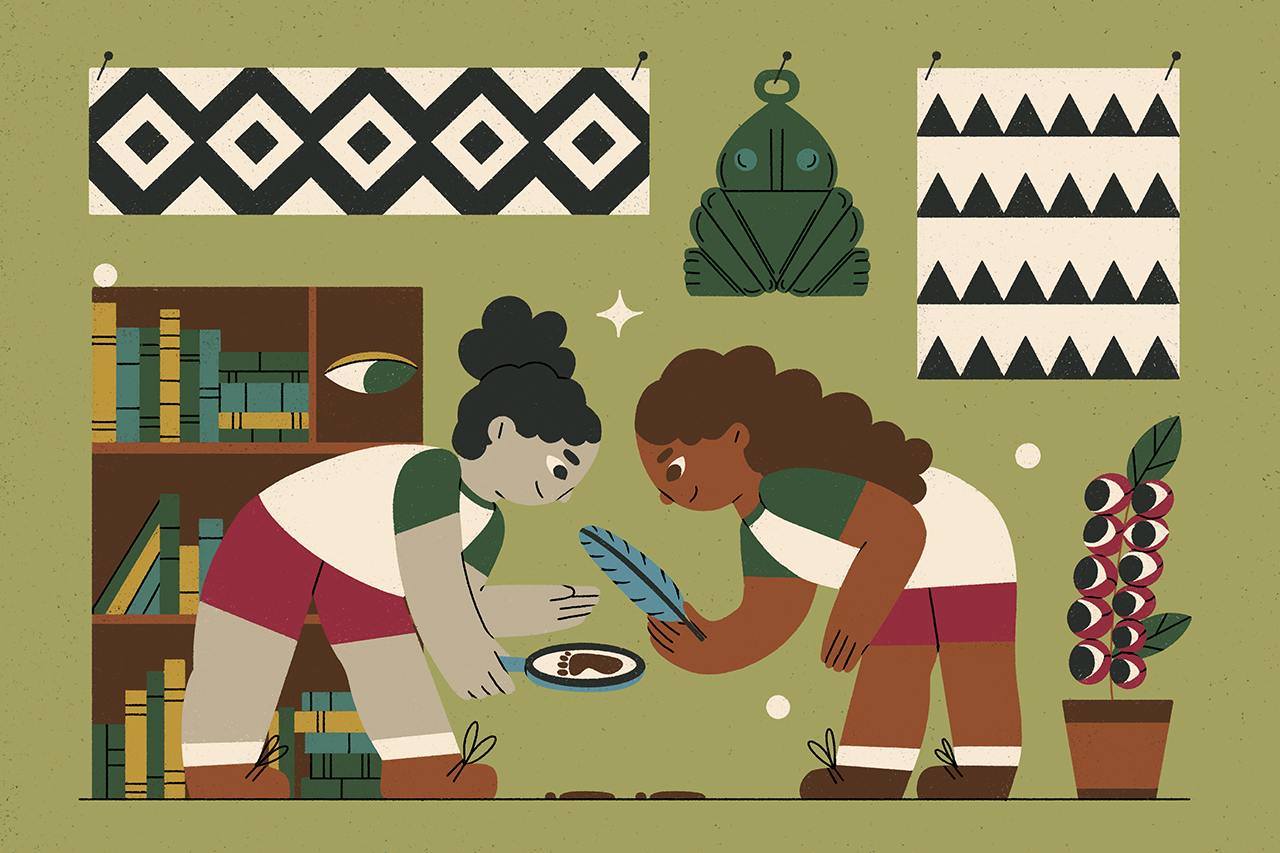 Ilustra&ccedil;&atilde;o de duas alunas explorando com lupa e objetos de explora&ccedil;&atilde;o, pegadas e marca&ccedil;&otilde;es feitas por personagens fict&iacute;cios.