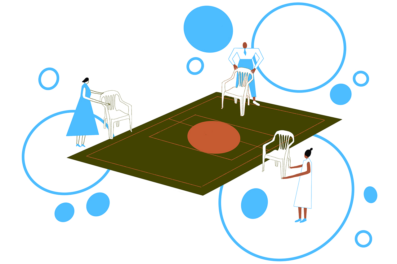 Ilustra&ccedil;&atilde;o abstrata de reuni&atilde;o com os familiares em &aacute;rea esportiva da escola.