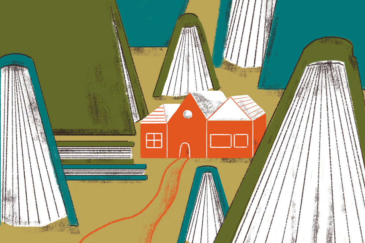 Ilustra&ccedil;&atilde;o abstrata de um constru&ccedil;&atilde;o pr&oacute;xima a v&aacute;rios livros em escala gigante.