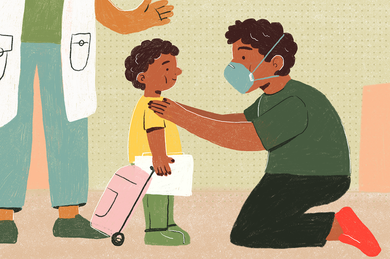 Ilustra&ccedil;&atilde;o de pai deixando crian&ccedil;a na escola durante retomada presencial por conta do afastamento acarretado pela pandemia do novo coronav&iacute;rus.