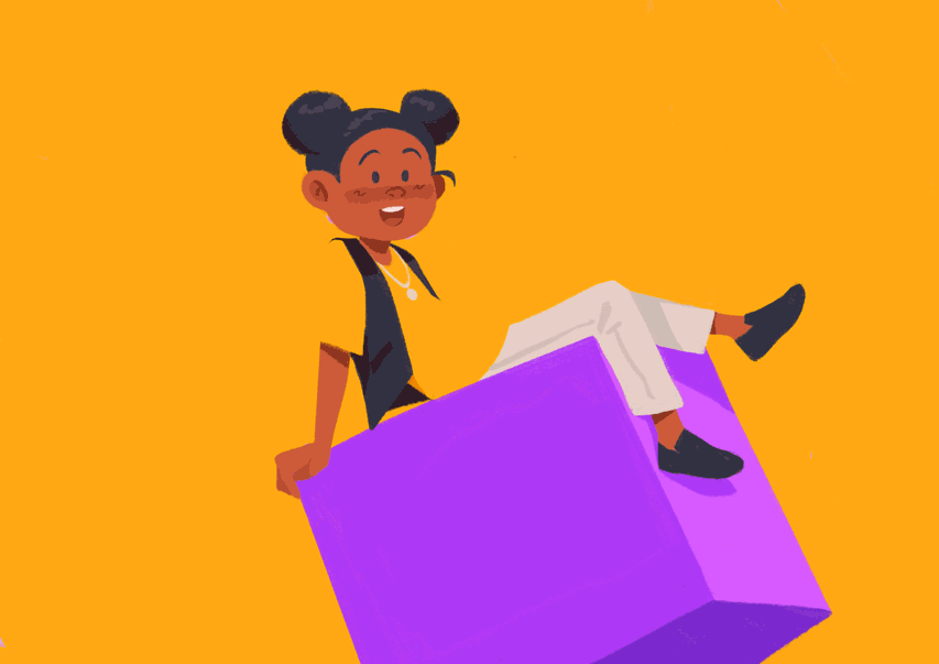 Anima&ccedil;&atilde;o abstrata de aluna apoiada sobre um cubo.