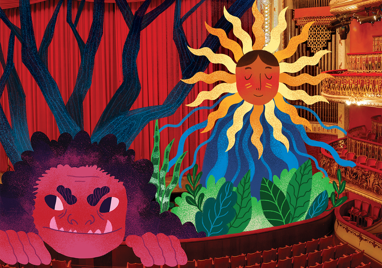 No palco da apresenta&ccedil;&atilde;o da noite, Piaim&atilde; e a Deusa-Sol apresentam "Macuna&iacute;ma", de M&aacute;rio de Andrade.