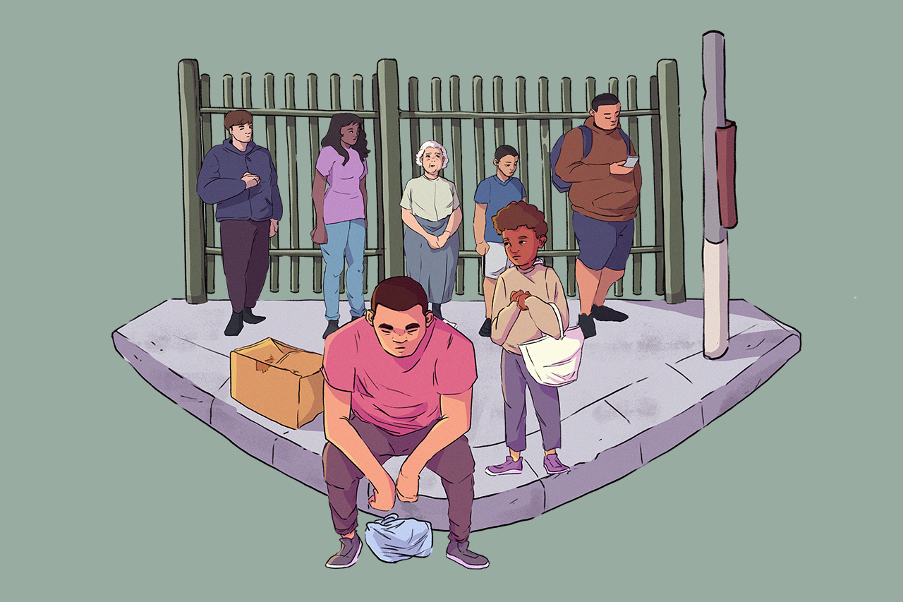 Ilustra&ccedil;&atilde;o de pessoas em fila para receber benef&iacute;cios por desemprego.