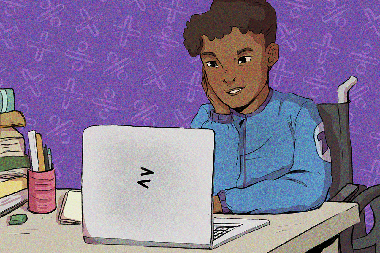 Ilustra&ccedil;&atilde;o de aluno cadeirante com notebook a frente e alguns livros apoiados na lateral da mesa.