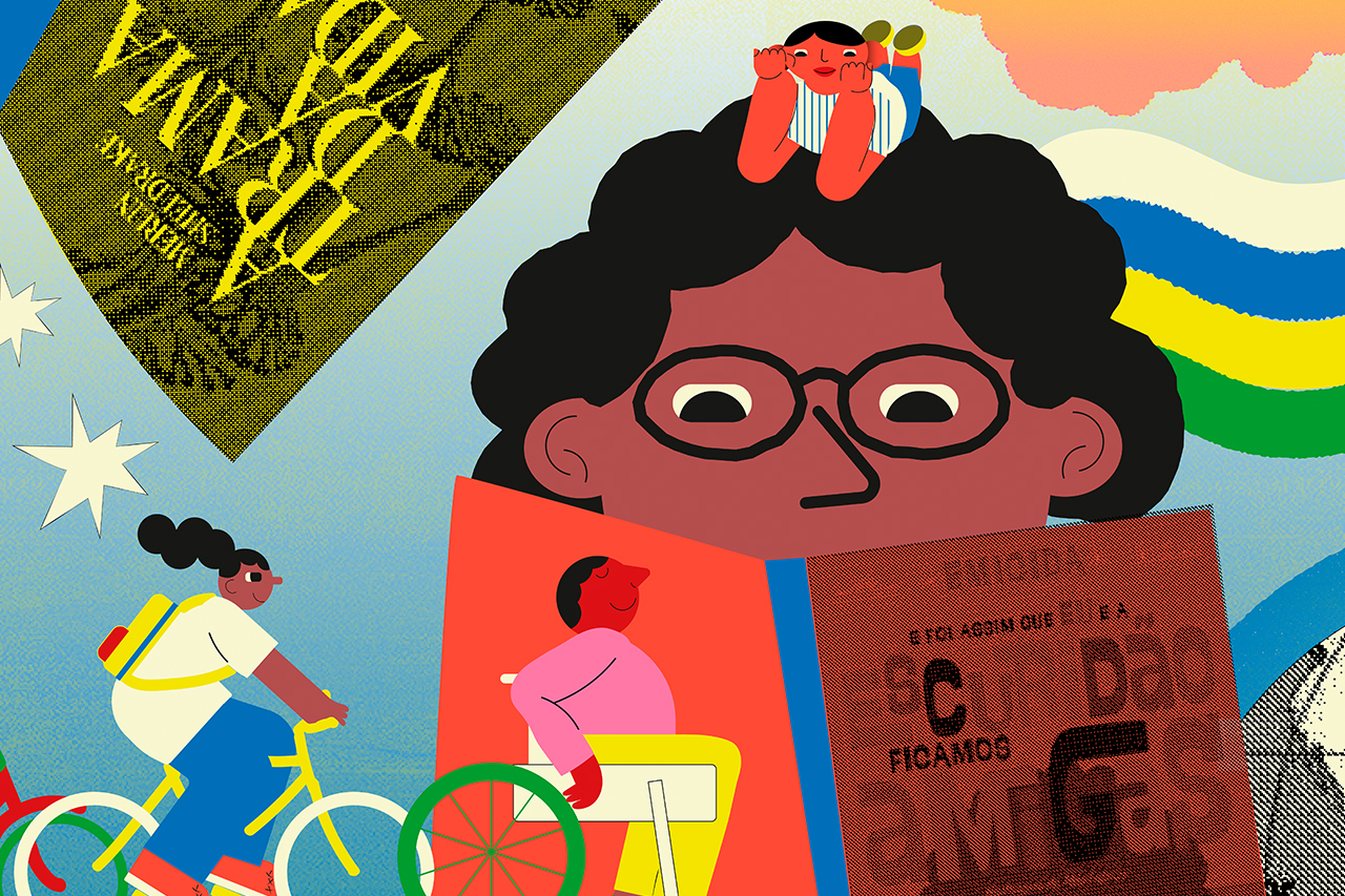 Ilustra&ccedil;&atilde;o de crian&ccedil;a lendo sobre fundo abstrato.