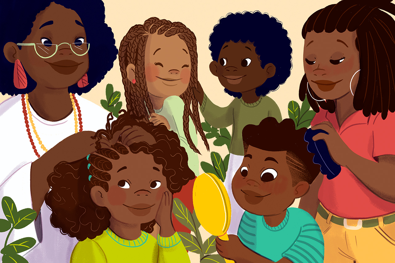 Ilustra&ccedil;&atilde;o de personagens negros penteando os cabelos das crian&ccedil;as.